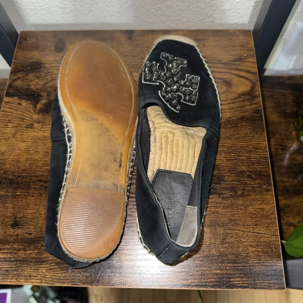 Tory Burch Black Suede Crystal Logo Espadrille Flats‎ Womens 6.5M 12423 923